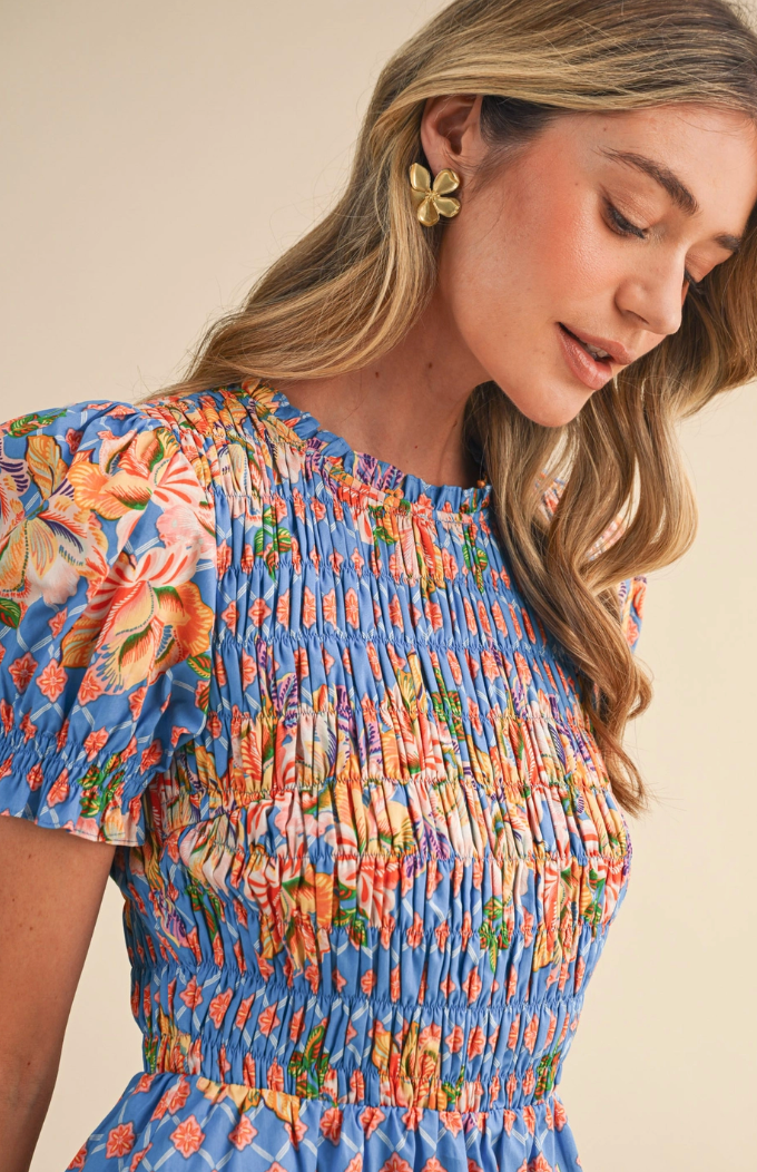 Floral Print Smocked Bodice Mini Dress