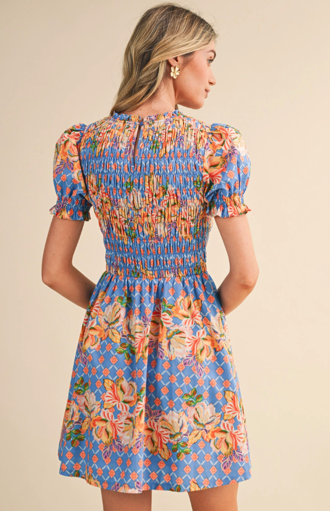Floral Print Smocked Bodice Mini Dress