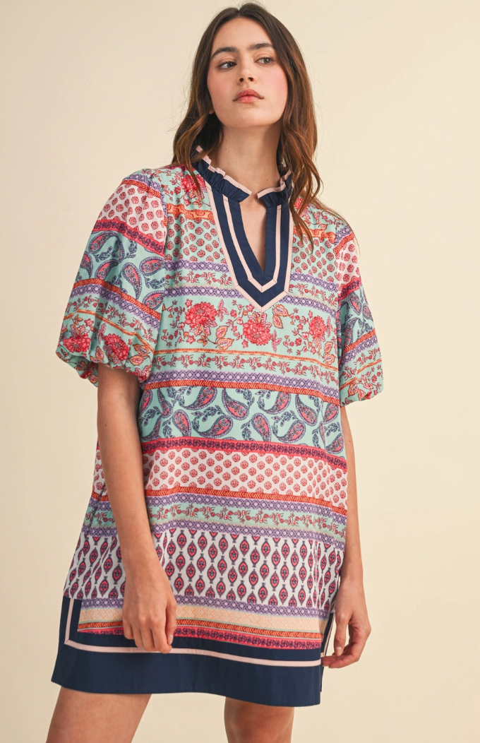 Print Bubble Sleeve Shift Dress
