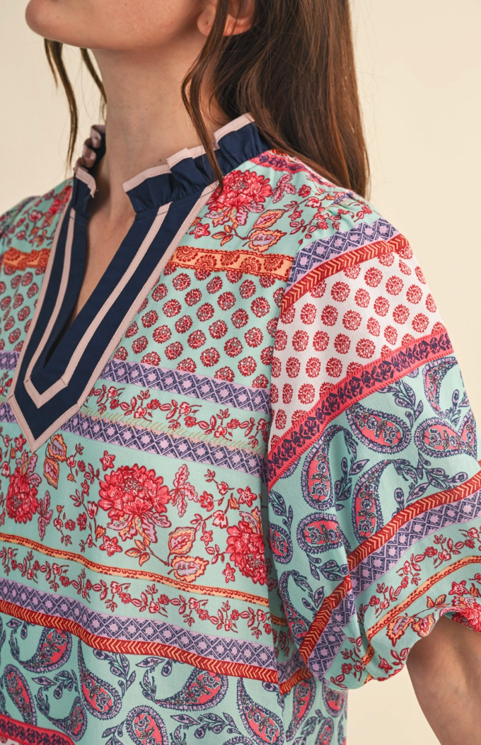 Print Bubble Sleeve Shift Dress