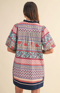 Print Bubble Sleeve Shift Dress