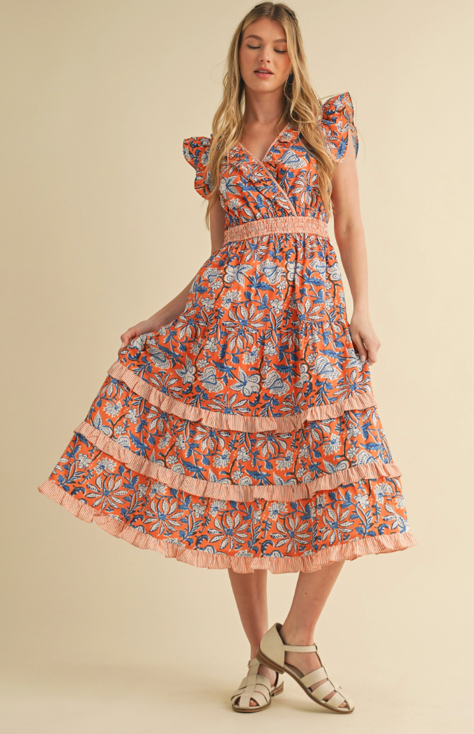 Ruffle Trim Midi Midi Dress
