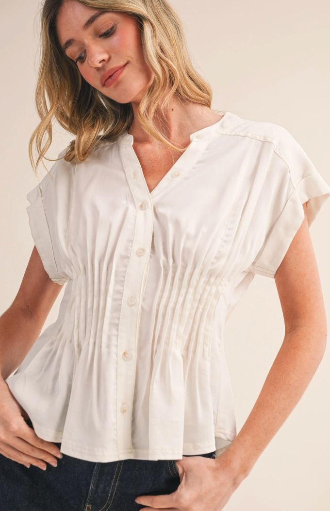 Pin Tuck Waist Button Down Top