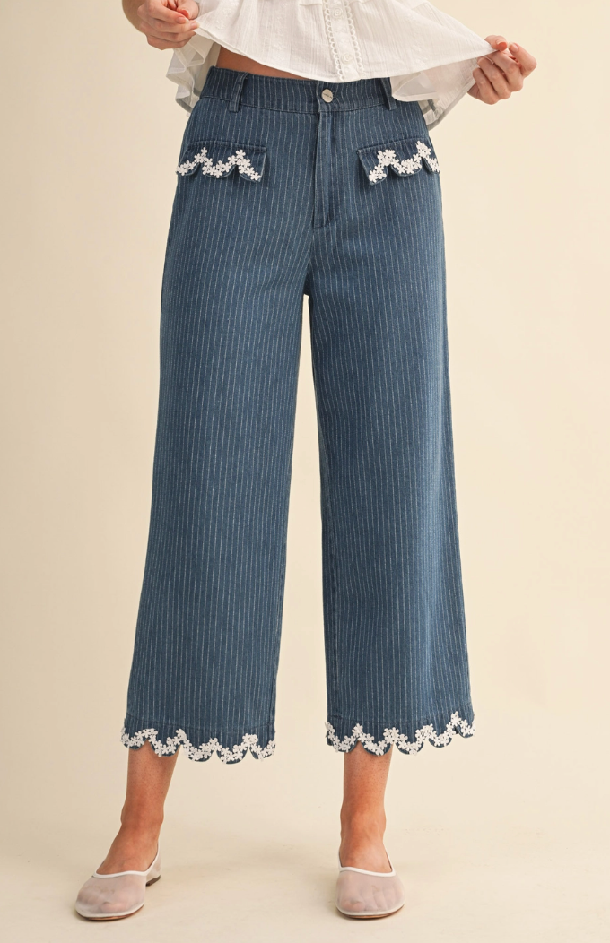 Wide Leg Pant with Lace Trim