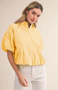 Pleated Bubble Hem Button Down Top