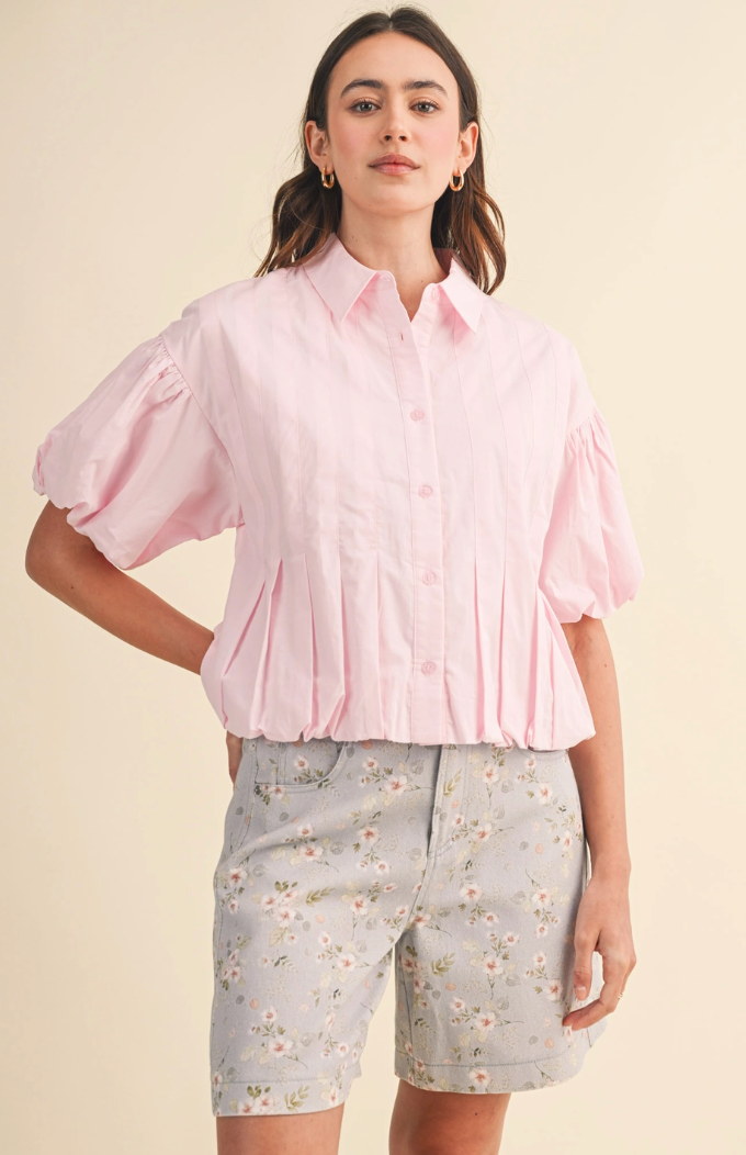 Pleated Bubble Hem Button Down Top