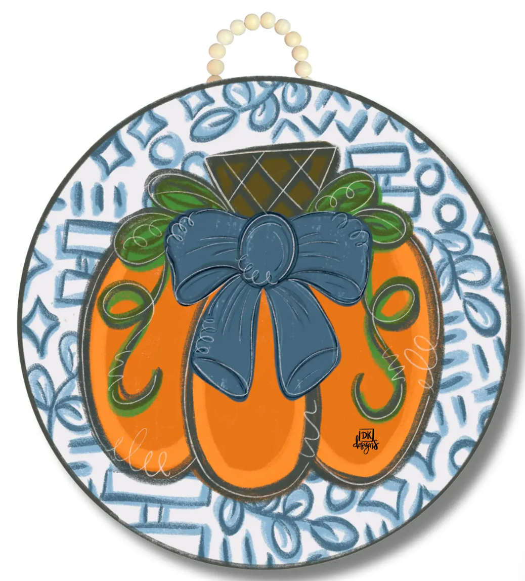 Blue and White Bow Pumpkin Door Hanger