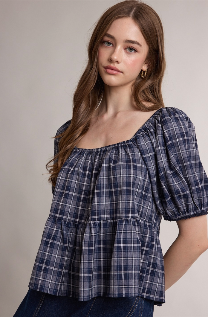 Plaid Puff Sleeve Peplum Blouse