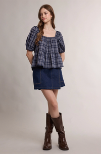 Plaid Puff Sleeve Peplum Blouse
