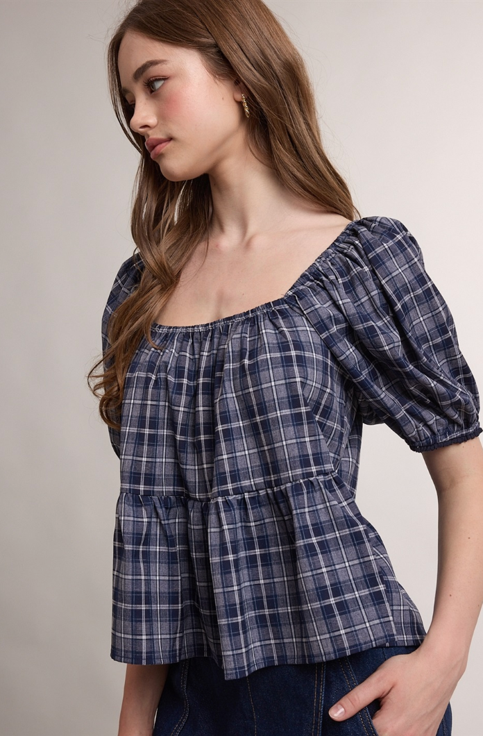 Plaid Puff Sleeve Peplum Blouse
