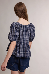 Plaid Puff Sleeve Peplum Blouse
