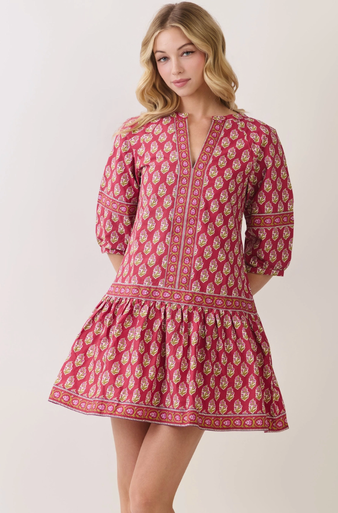 Border Print Drop Waist Mini Dress