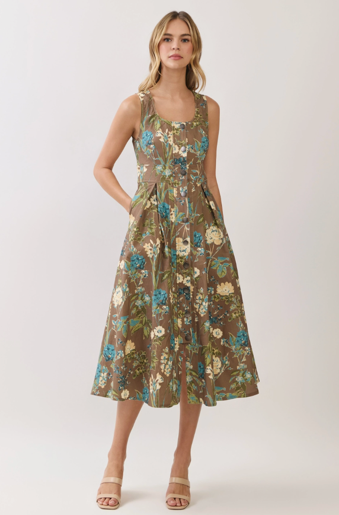 Floral Print Button Down Midi Dress