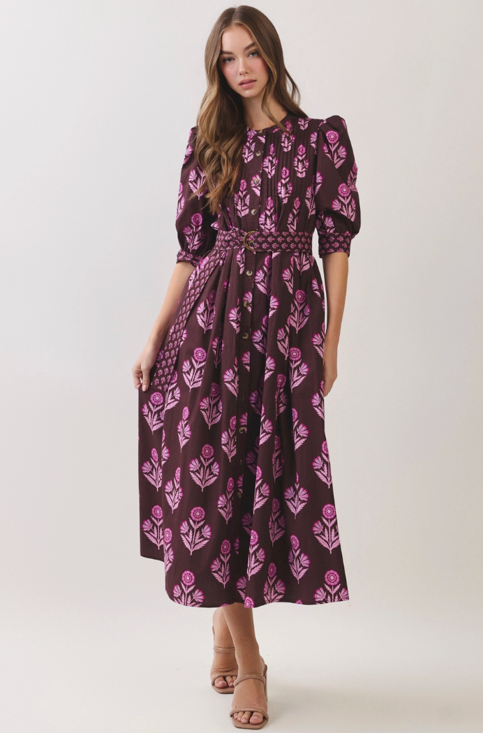 Puff Sleeve Belted Midi Dress