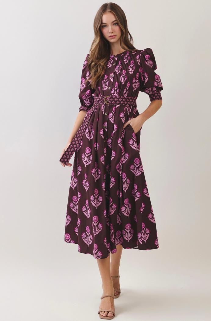 Puff Sleeve Belted Midi Dress