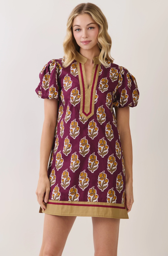 Floral Border Puff Sleeve Mini Dress