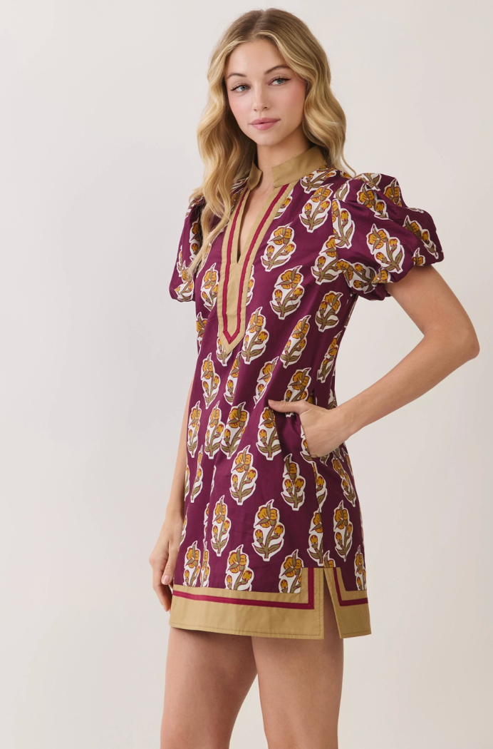 Floral Border Puff Sleeve Mini Dress