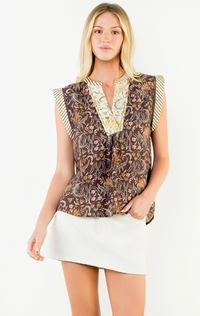 Sleeveless Flower Print with Stripe Top
