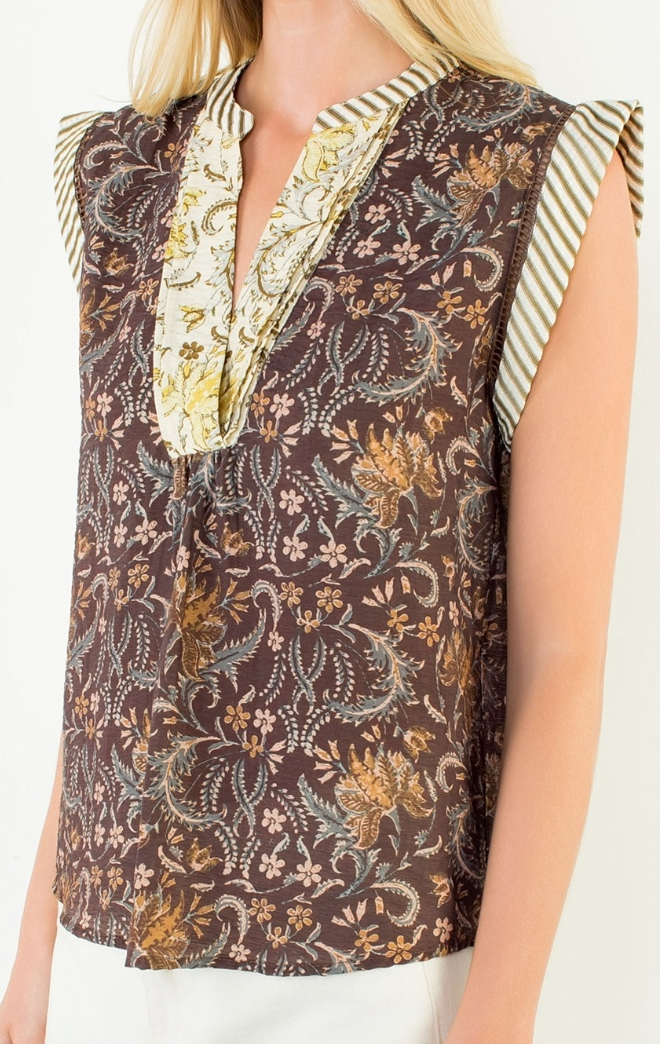 Sleeveless Flower Print with Stripe Top