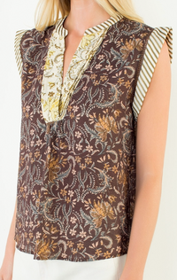 Sleeveless Flower Print with Stripe Top
