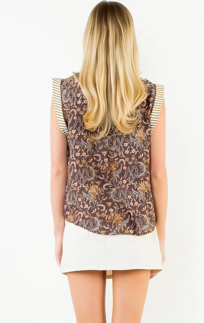 Sleeveless Flower Print with Stripe Top