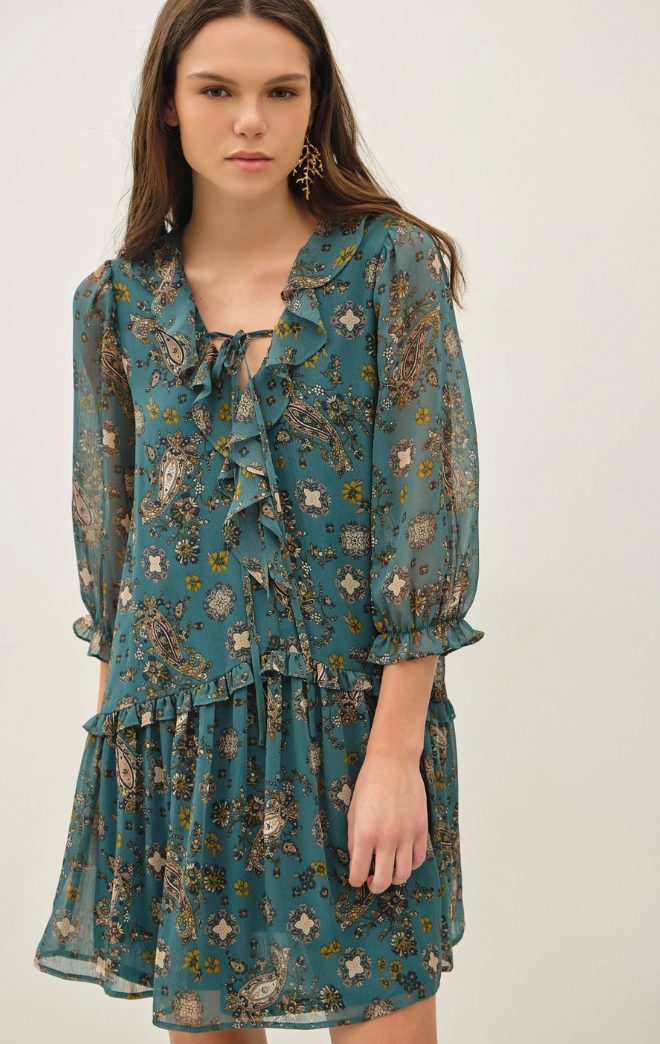 Paisley Print Ruffle Mini Dress