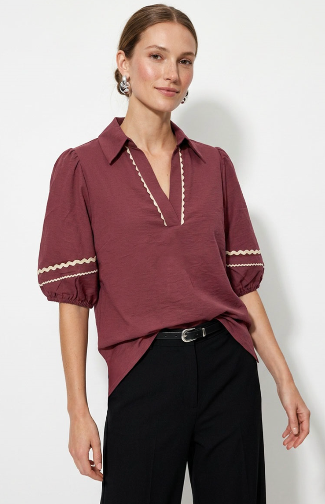 Contrast Trim Puff Sleeve Linen Blouse