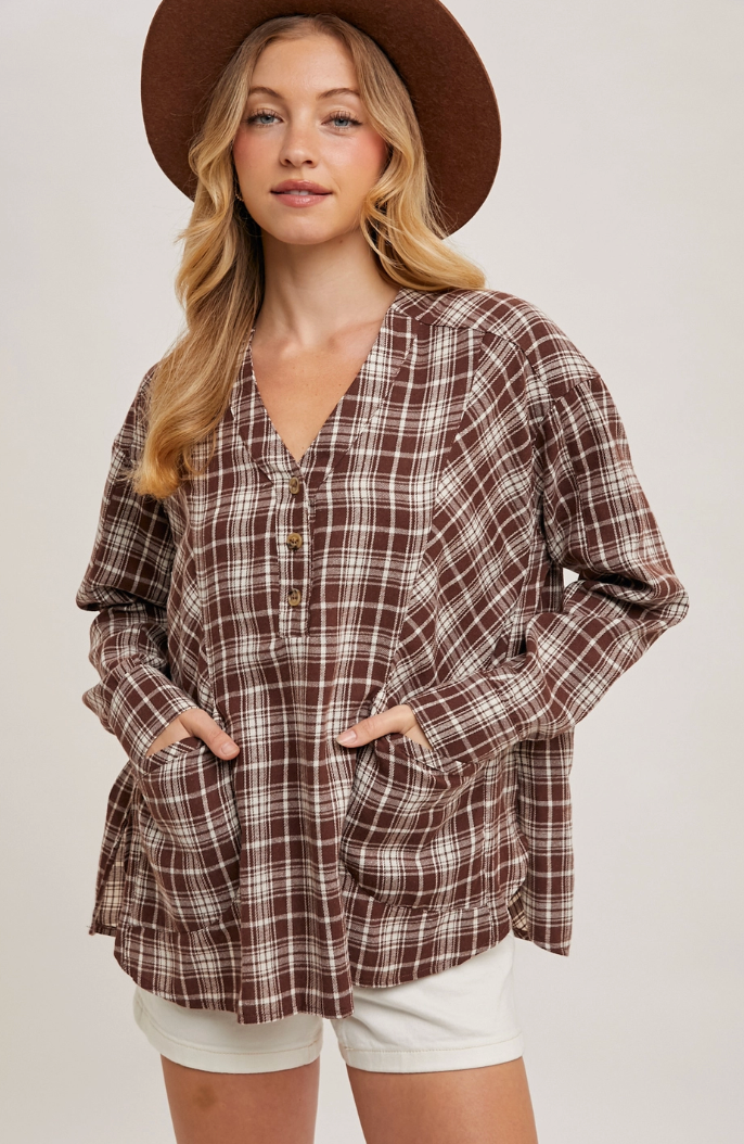 Oversized Plaid V-Neck Shirt