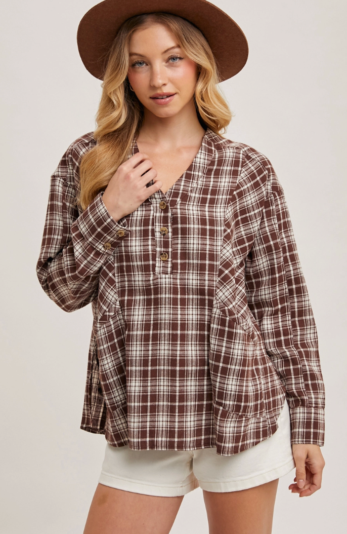Oversized Plaid V-Neck Shirt