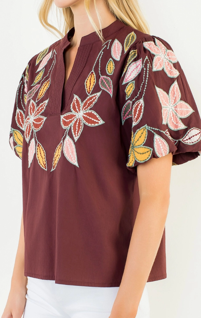 Puff Sleeve Embroidery Detail Top