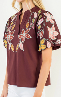 Puff Sleeve Embroidery Detail Top