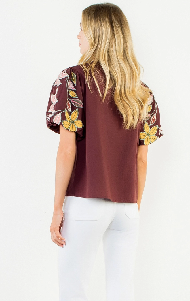 Puff Sleeve Embroidery Detail Top