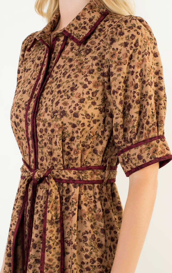 Short Sleeve Corduroy Floral Dress