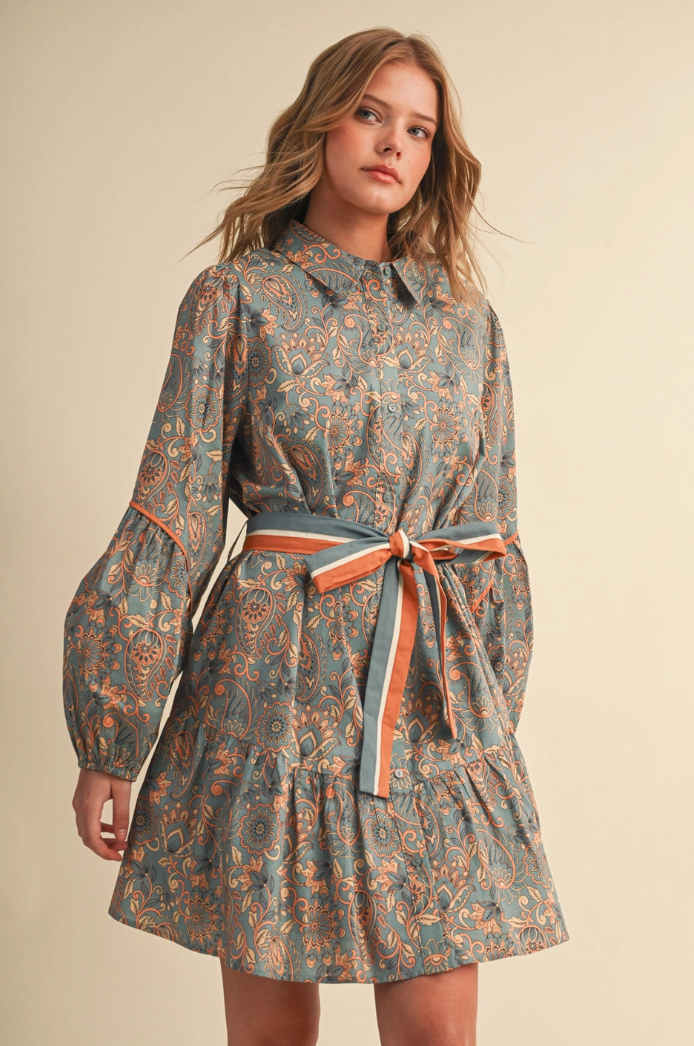 Paisley Button Down Belted Mini Dress