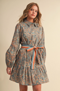 Paisley Button Down Belted Mini Dress