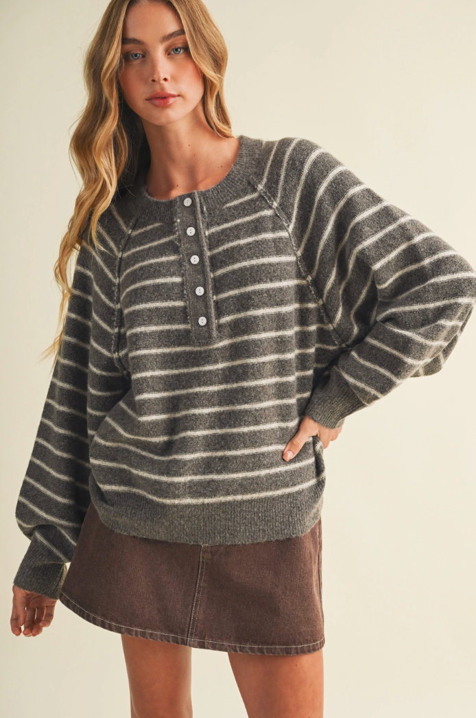 Button Front Stripe Pullover