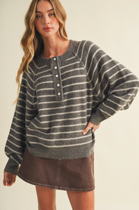 Button Front Stripe Pullover