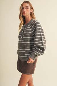 Button Front Stripe Pullover