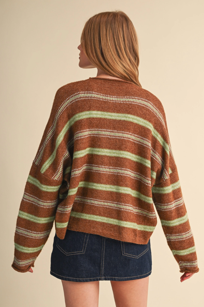 Striped Cardigan with Rolled Edges