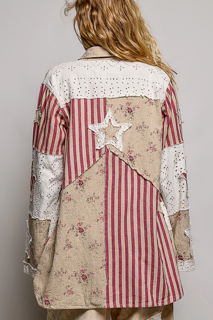Distressed Eyelet Patchwork Shirt Jacket