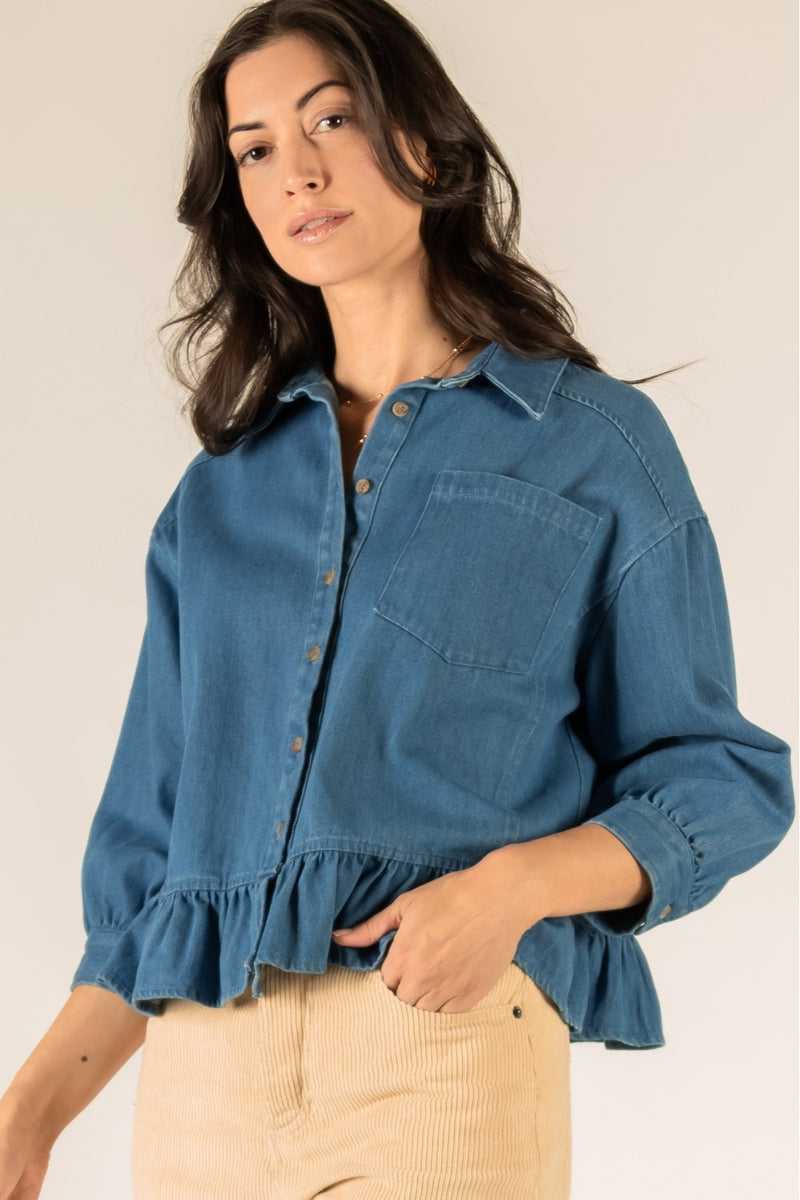 Ruffled Bottom Denim Top