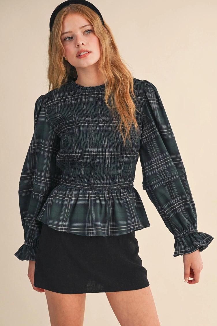 Smocked Plaid Peplum Top