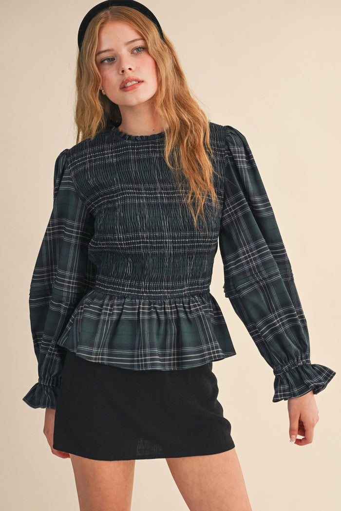 Smocked Plaid Peplum Top
