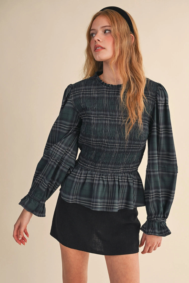 Smocked Plaid Peplum Top