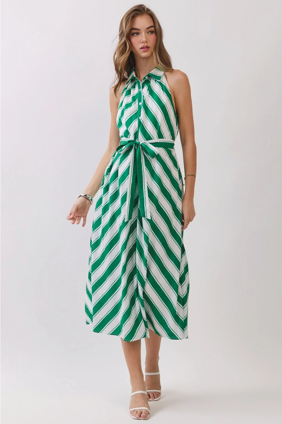 Striped Sleeveless Midi Shirt Dress