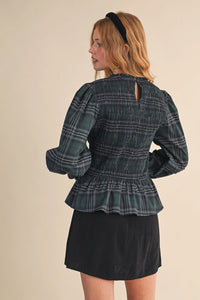 Smocked Plaid Peplum Top