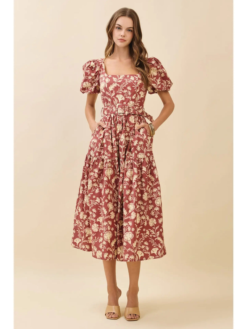 Belted Floral Midi Dress