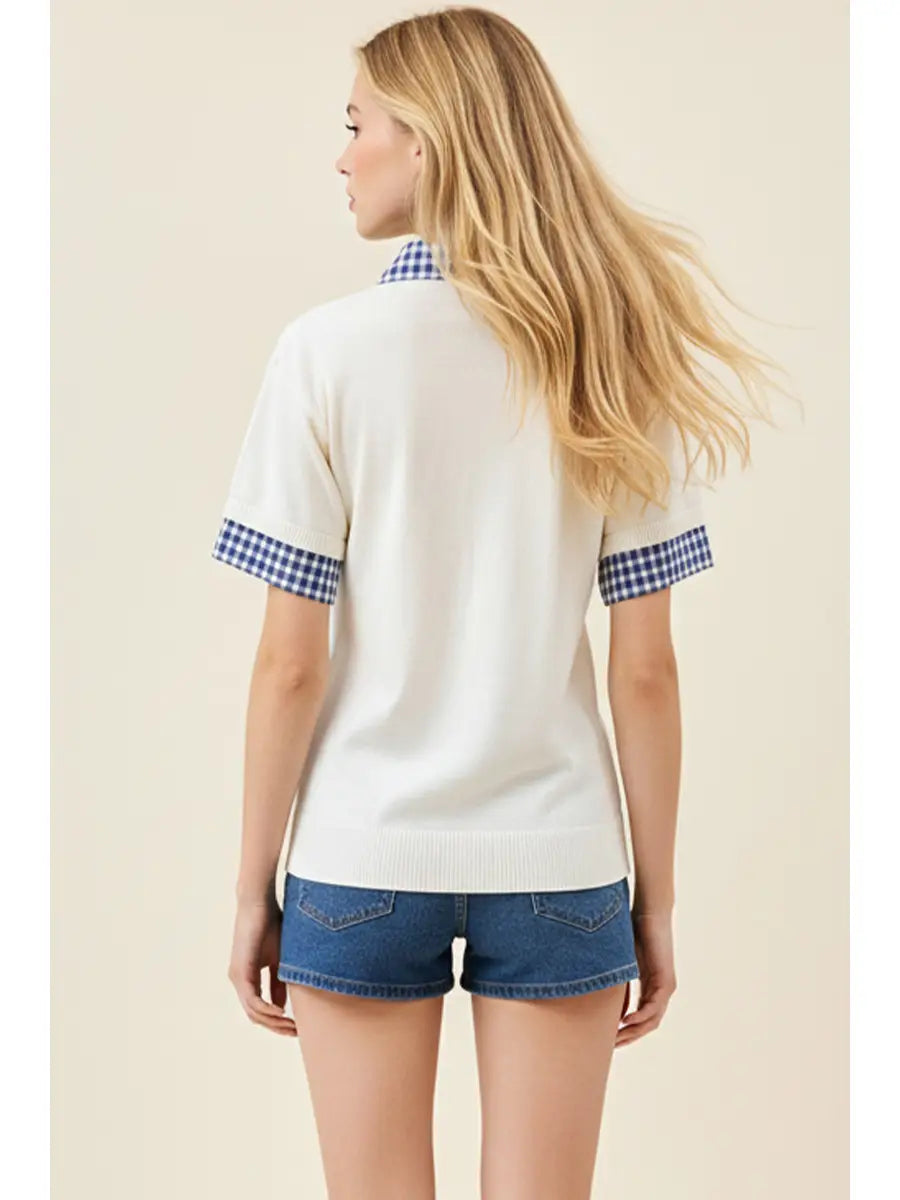 Gingham Trim Knit Polo