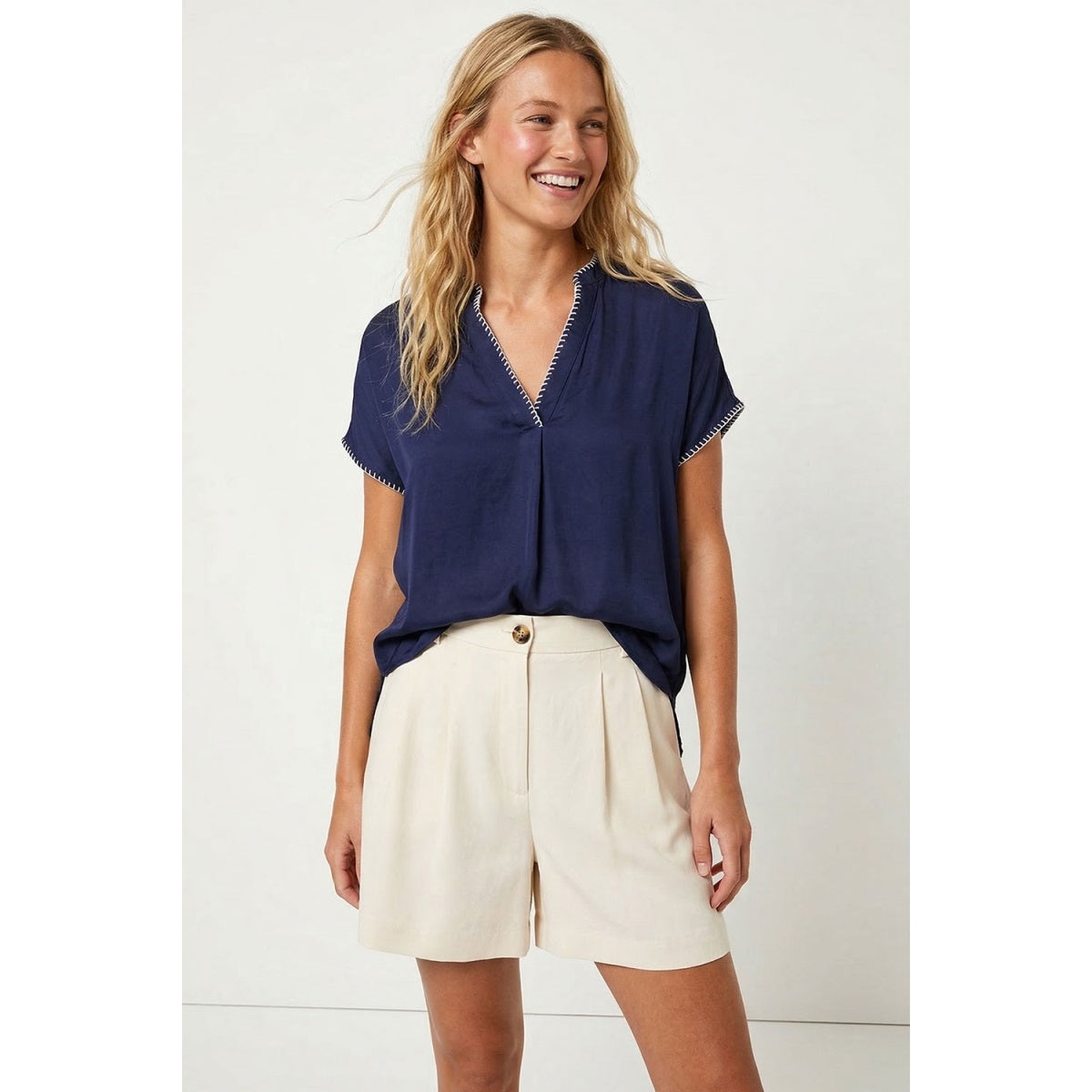 Whipstitch Drop Shoulder Blouse