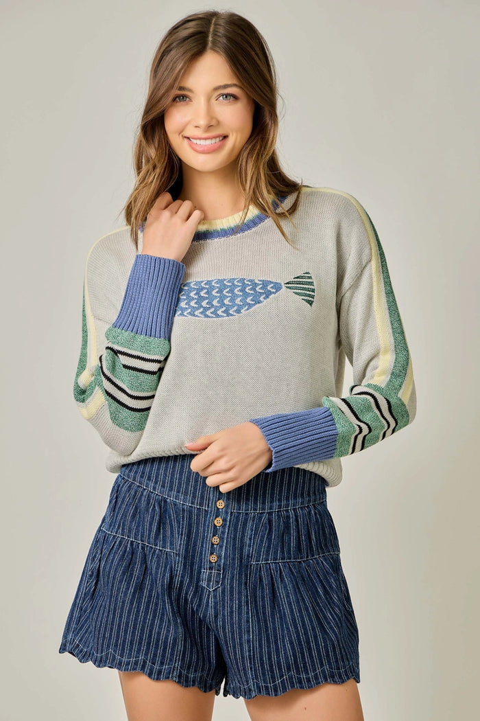 Embroidered Fish Colorblock Sweater